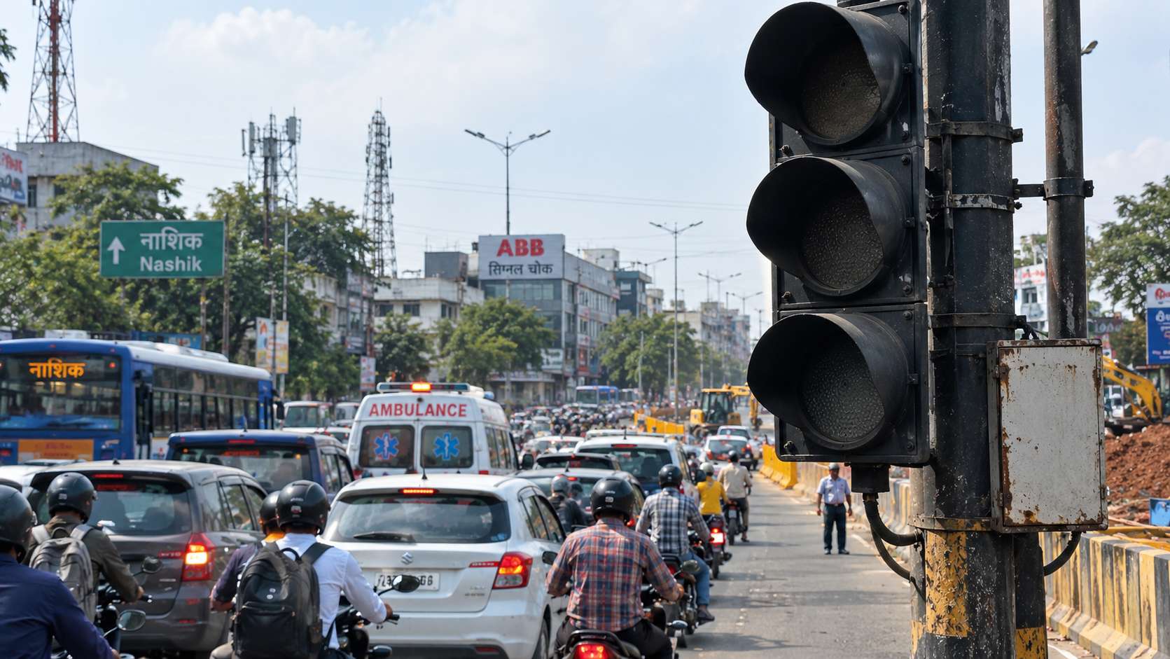 सिग्नल बंद, रस्त्याचे काम सुरू; एबीबी चौकात रुग्णवाहिकाही कोंडीत!