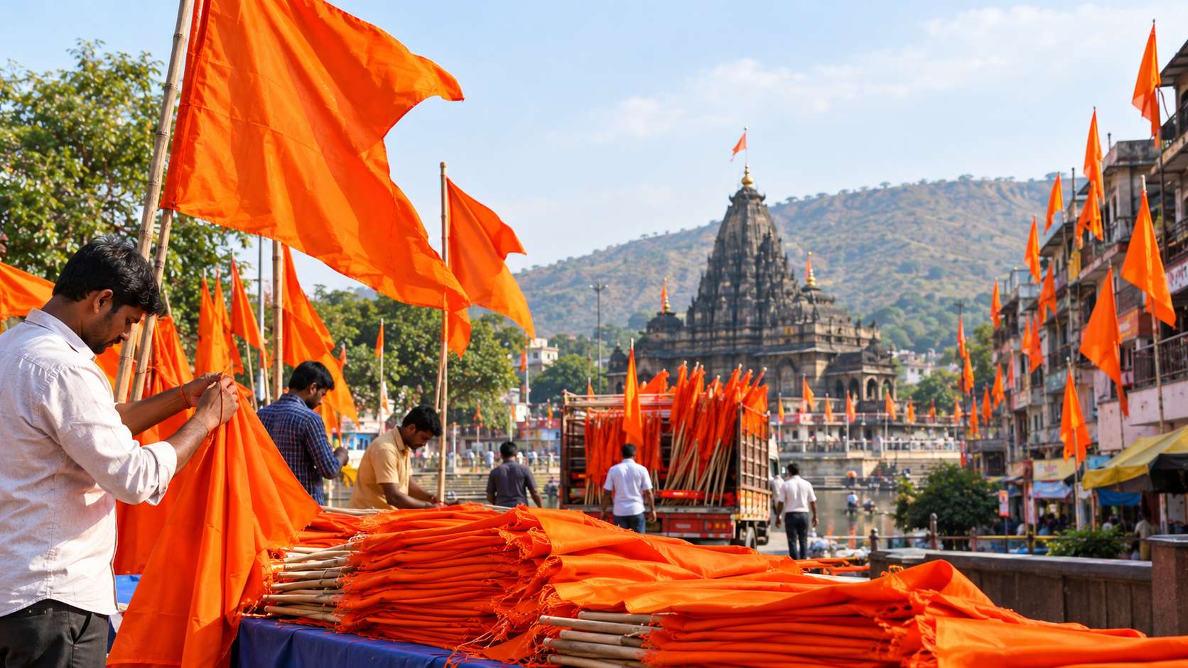 सिंहस्थाच्या स्वागतासाठी भगव्या ध्वजांची तयारी; नाशिकमध्ये ७५ हजार, त्र्यंबकेश्वरमध्ये २५ हजार ध्वज!